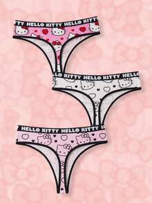 HELLO KITTY AND FRIENDS | SHEIN 女士舒适猫咪印花字母胶带丁字裤 - 粉色 - 查看 2