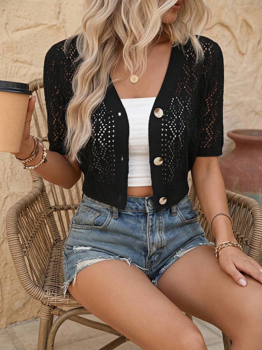EMERY ROSE Women's Short Sleeve Hollow Out Cardigan - Black - View 1