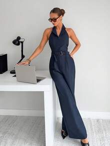 Siren Gaze Commuter Halter Jumpsuit For Women, Navy Blue Romper Elegant Chic Summer - Navy Blue - View 6