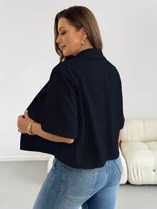 Shapeblank Plus Size Women Solid Color Casual Daily Blazer - Navy Blue - View 3