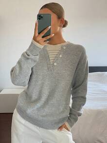 DAZY 女款拼色寬鬆長袖休閒度假正式優雅春秋針織毛衣 - 灰色 - 查看 3
