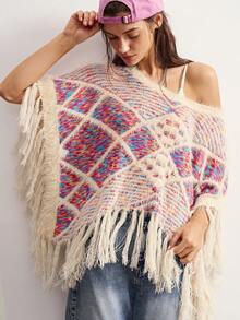 Bohemela Women's Plaid Asymmetric Neck Asymmetric Hem Shawl Sweater With Tassels Everyday Travel Beige Summer Boho - Multicolor - View 3