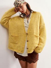 Bohemela Autumn//Vintage Deep V-Neck Double Pocket Knit Cardigan/ Casual /New Year/Country/Western/New Year/Beach Brunch/Rave/Music Festival Mustard Yellow - Pale Yellow - View 3
