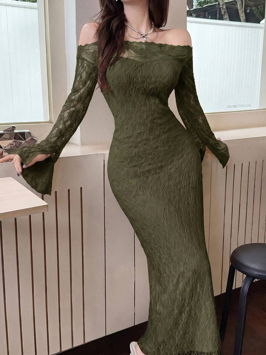 Feyla 女款蕾絲拼接露肩休閒派對洋裝 - 軍綠色 - 查看 1
