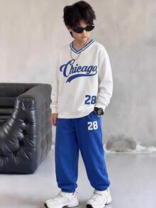 SHEIN Little Byeori 大童男孩休閒韓系寬鬆長袖V領衛衣與鬆緊腰長褲套裝，適合秋冬春季，適合戶外玩耍、上學、街頭穿搭與派對 - 白色 - 查看 3