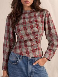 Easelle Vintage Retro Bohemian High Neck Cinched Waist Plaid Women's Blouse Everyday Day Time Dark Teal Autumn - Multicolor - View 3