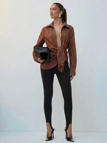 Hauture Women's Long Sleeve Stripe Textured Tie Front Shirt Old Money Sexy Office Night Out Date Night Style Casual Brown Stripe Fall - Brown - View 6