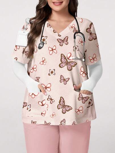 PopScrub Butterfly Vintage Line Print Plus Size Women's Nurse Uniform, Fashion V-Neck Short Sleeve With Pockets And Side Slit Design Workwear Top, Spring/Summer Healthcare Uniform