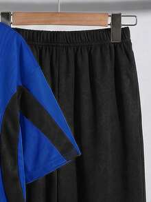 SHEIN Tween Boy Casual Colorblock Patchwork Sports Pattern Crew Neck Short Sleeve Top And Long Pants 2pcs Set Suitable For Commuting School Daily Casual Outings Sports Spring Summer - Royal Blue - View 5
