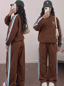 SHEIN Tween Girls Long Sleeve Fleece Fall Outfits Back To School Fall Casual Cute Daily Bow Striped Jacket Pants /Set Zipper Front - Brown - View 1