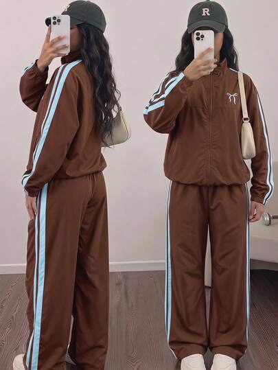 SHEIN Tween Girls Long Sleeve Fleece Fall Outfits Back To School Fall Casual Cute Daily Bow Striped Jacket Pants /Set Zipper Front