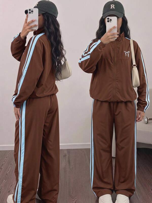SHEIN Tween Girls Back To School Fall Casual Cute Daily Bow Striped Jacket Pants /Set Zipper Front