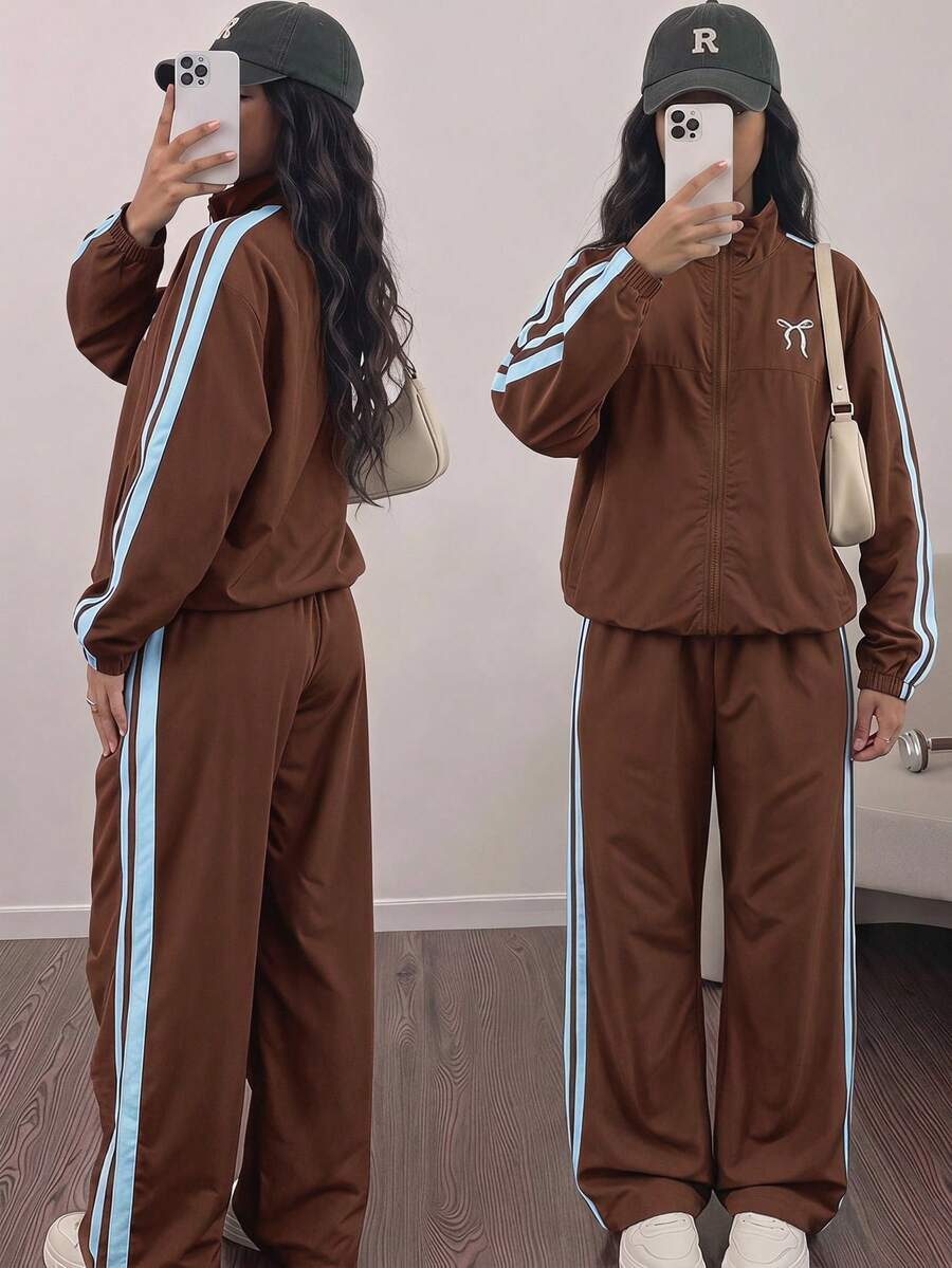 SHEIN Tween Girls Long Sleeve Fleece Fall Outfits Back To School Fall Casual Cute Daily Bow Striped Jacket Pants /Set Zipper Front - Brown - View 1