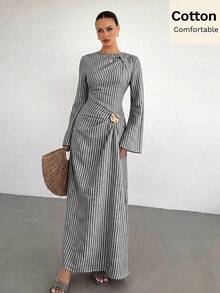Siren Gaze 女款純色打結設計前襟金屬扣飾喇叭袖長袖洋裝，女款婚禮賓客禮服，女款冬季洋裝 - 黑與白 - 查看 1