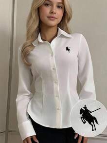 SHEIN 少女白色刺绣衬衫，修身长袖衬衫，返校衬衫，女童白衬衫，马匹刺绣图案白衬衫 - 白色 - 查看 1