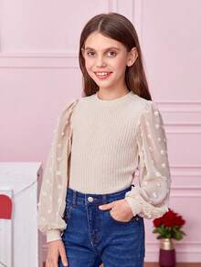SHEIN Serisse Kids Tween Girl Swiss Dot Lantern Sleeve Waffle Knit Tee - Beige - View 9