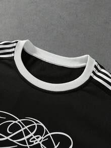 ROMWE MEN Men's Letter & Floral Print Side Stripe Long Sleeve T-Shirt - Black - View 7