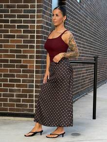 SAYEHFBABY Fashionable Casual Black Satin Polka Dot Skirt For Women Long Skirt Skirt Black And White Skirt Black Polka Dot Skirt Vacation Summer - Black - View 3