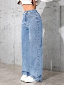 SHEIN 青少年女孩休閒水洗寬鬆牛仔長褲 - 淺色水洗藍 - 查看 3