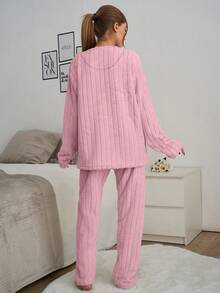 EURMUSE 2pcs Striped Fuzzy Fabric With Slogan Embroidery Detail Homewear PJ Set - Pink - View 2