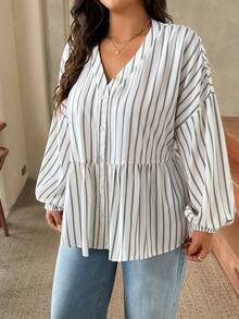 SHEIN Frenchy 大尺碼女款 V 領條紋休閒百搭日常襯衫 - 彩色 - 查看 5