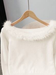 Franclia Suéter con hombros descubiertos, cuello de piel y parches de unicolor de moda - Albaricoque - Ver 5