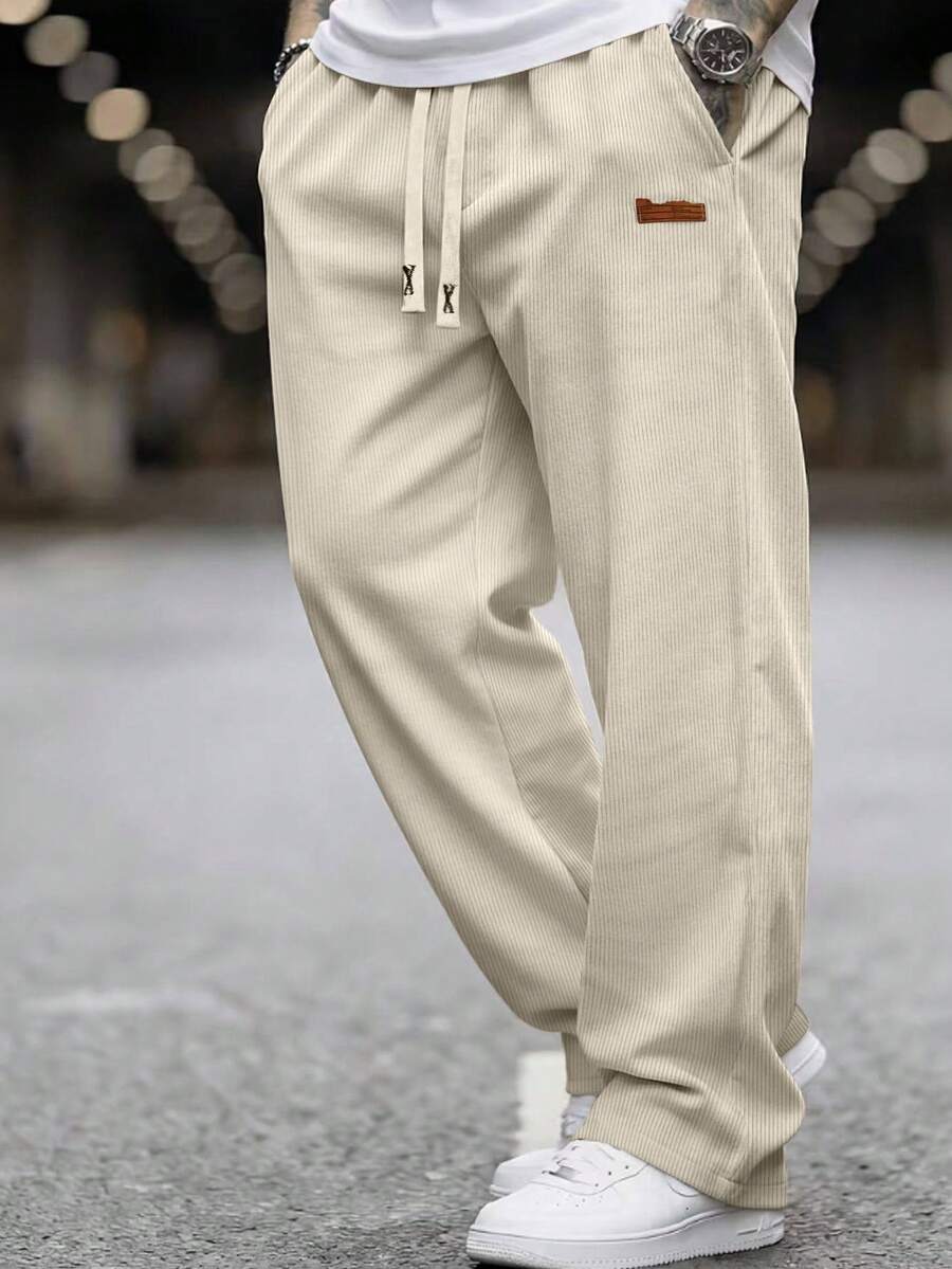Manfinity Men's Letter Print Denim Drawstring Waist Pocket Loose Fit Long Pants - Apricot - View 1