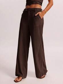 SHEIN BAE Celana Panjang Wanita Polos dengan Saku, Kasual, Serbaguna, untuk Perjalanan Sehari-hari - Coffee Brown - View 4