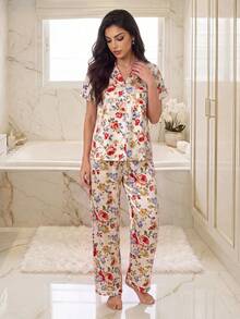 LuxeNights Classic Lapel Floral Faux Silk Short Sleeve Long Pants Loungewear Pajama Set For Women - Multicolor - View 4