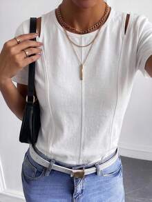 FRIFUL Women's Solid Color Slim Fit Casual Short Sleeve T-Shirt, Suitable For Spring And Summer - White - View 2