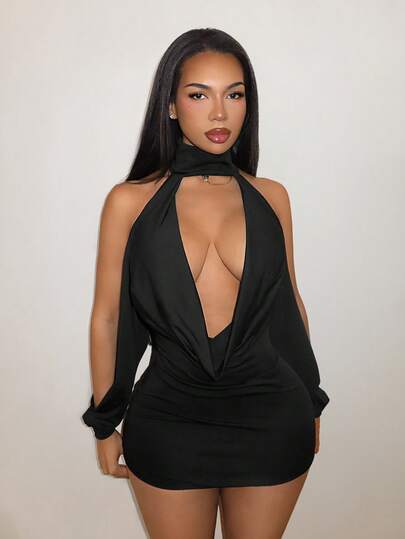 BamGleam Höstny sexig figursydd bodycon miniklänning för kvinnor med draperad djup V-ringning och cowlneck, rygglös, med petalärm, svart, för fest, klubb och utekväll