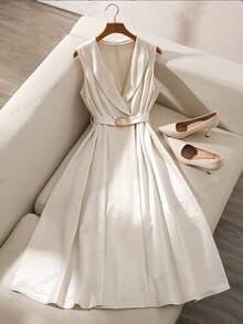 Franclia Elegant Fashion Intellectual Flip V-Neck Sleeveless Waist Waistband Metal Buckle Apricot Golden Allure Satin Women's Summer Dresses Elegant Dresses - Khaki - View 3