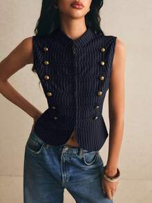 Poéselle Women's Striped Button Design Zipper Placket Vest Jacket - Navy Blue - View 3