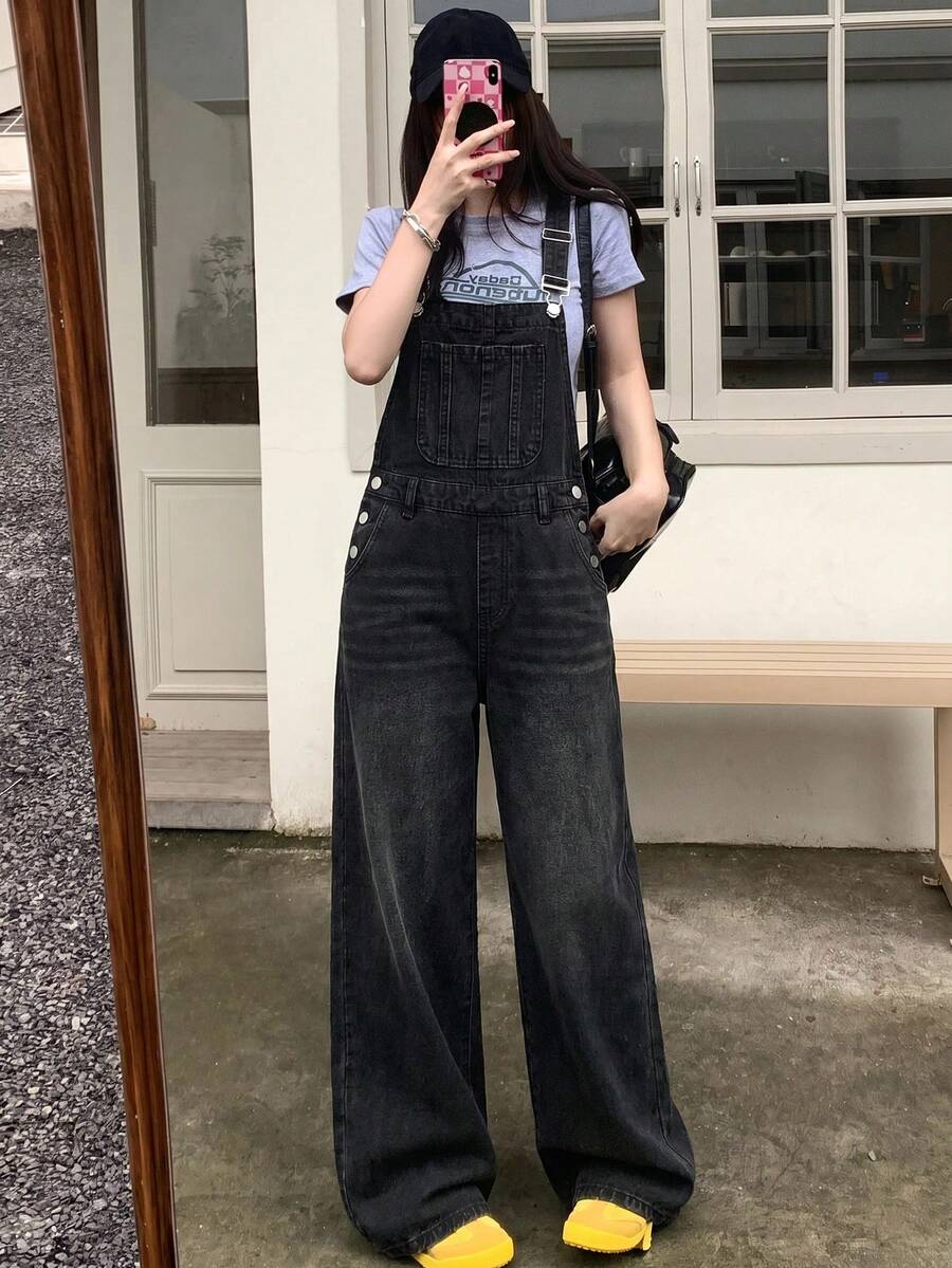 SHEIN 青少年女孩 Y2K 休閒黑色寬鬆舒適抽繩牛仔褲,萬聖節與開學穿搭 - 黑色 - 查看 1
