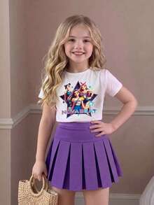 SHEIN Elladie kids 少女休闲日常短袖舞蹈队紫色图案白色T恤搭配紫色百褶裙，校园风夏季服装 - 紫色 - 查看 1