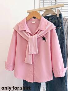 SHEIN 兒童小女孩寬鬆馬尾標誌印花領口休閒襯衫2件組，適合日常、返校、外出及其他場合 - 粉色 - 查看 2