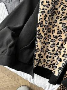 SHEIN 青少年女孩秋冬新款休閒黑色拼接豹紋可正反穿鬆款連帽學院風夾克外套 - 黑色 - 查看 6