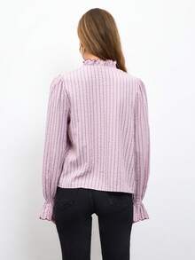 Nöista Blusa de rayas finas rosa con bordado de panal y volantes, estilo retro francés. Primavera, verano, otoño, top versátil, vuelta al colegio - Rosa - Ver 8