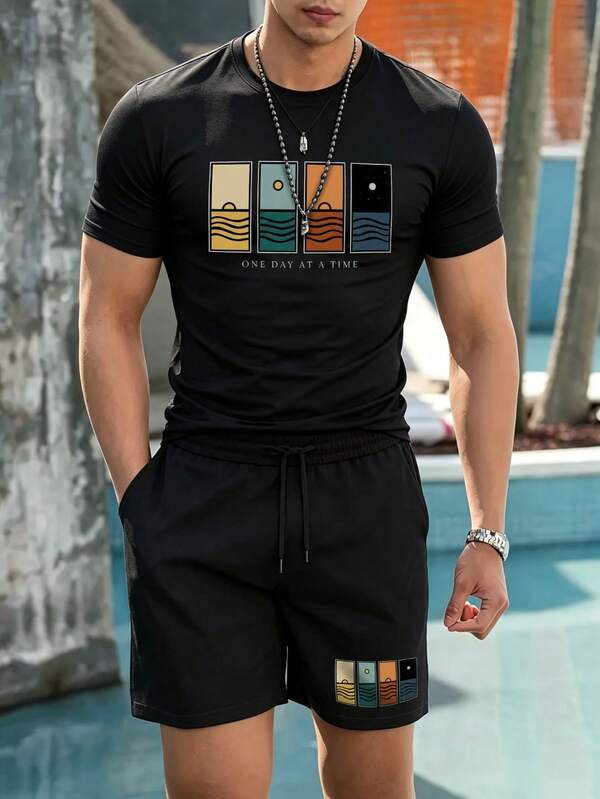 Conjunto de dos piezas para hombre: playera de cuello redondo + shorts, con estampado gráfico popular, ideal para looks casuales urbanos de estilo streetwear en verano.
