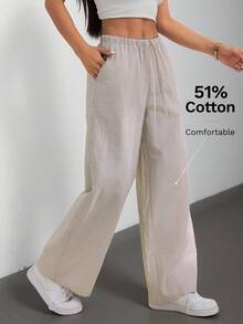 SHEIN PETITE 女款純色腰綁帶口袋長褲，舒適，適合春、夏、秋、冬 - 彩色 - 查看 8