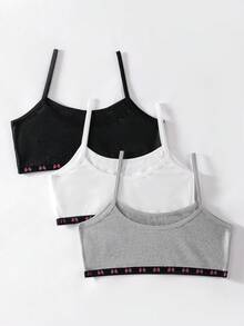 3pcs/Set Girls Big Tween Girl Black White Gray Bow Ribbon Hem Solid Color Simple Sweet Basic Comfortable Soft Camisole Underwear - Multicolor - View 2