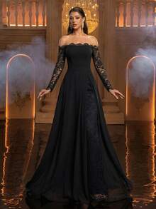 Glamrae Gaun Malam Formal Elegan Minimalis dengan Struktur Leher Off-Shoulder, Hiasan Renda Bulu Mata, Model A-Line Semi-Transparan dengan Belahan Ganda di Bagian Bawah, dan Detail Ruffle Renda Bulu Mata. - Hitam - View 5