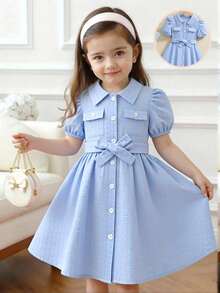 SHEIN Elladie kids Cô Gái Trẻ Kẻ sọc Ống tay áo Đầm Với thắt lưng - Màu xanh lam - Xem 4
