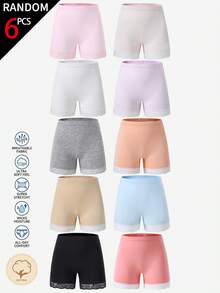 [6 Piezas Aleatorias] Calzoncillos tipo bóxer cómodos para niñas con patchwork de encaje y unicolor, 6 piezas surtidas aleatoriamente - Multicolor - Ver 7
