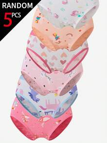 SHEIN 【5件隨機款】女童幼兒棉印花三角內褲 粉色與淺藍色 心形蝴蝶結 兔子美人魚獨角獸仙女紅鶴 冬季款 - 彩色 - 查看 3