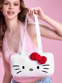 HELLO KITTY AND FRIENDS | SHEIN Tas Bahu Poliester Motif Kucing Lucu dengan Dekorasi Pita 3D, Tas Jinjing Ringan & Luas dengan Resleting untuk Bepergian, Perjalanan & Penggunaan Kasual Sehari-hari - Busur merah - View 3
