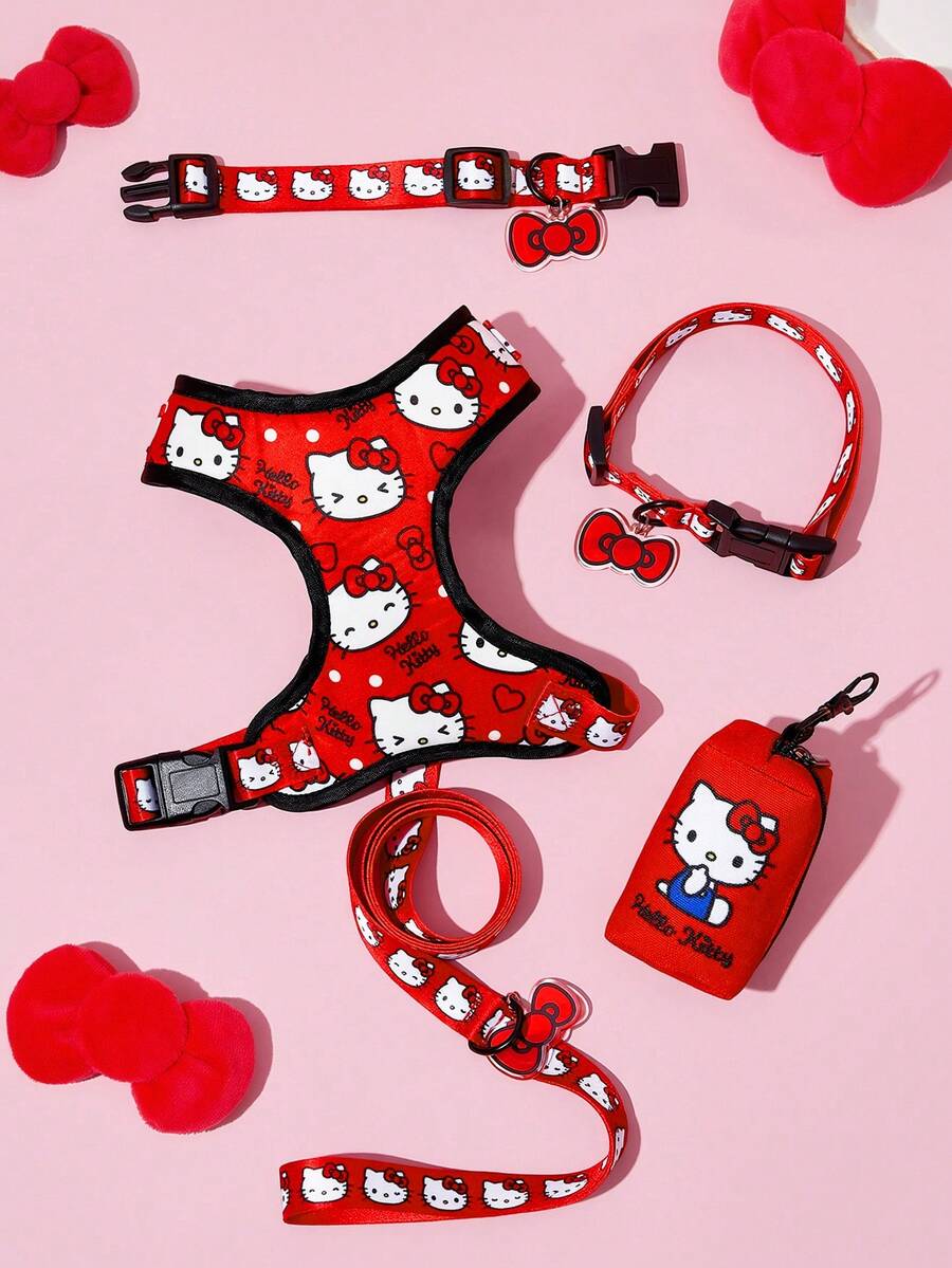 HELLO KITTY AND FRIENDS | SHEIN 蝴蝶結貓咪印花寵物牽引裝備單賣,胸背帶牽繩項圈拾便袋收納器,多尺寸適用貓狗,柔軟加墊日常戶外散步配件 - 大紅色 - 查看 1