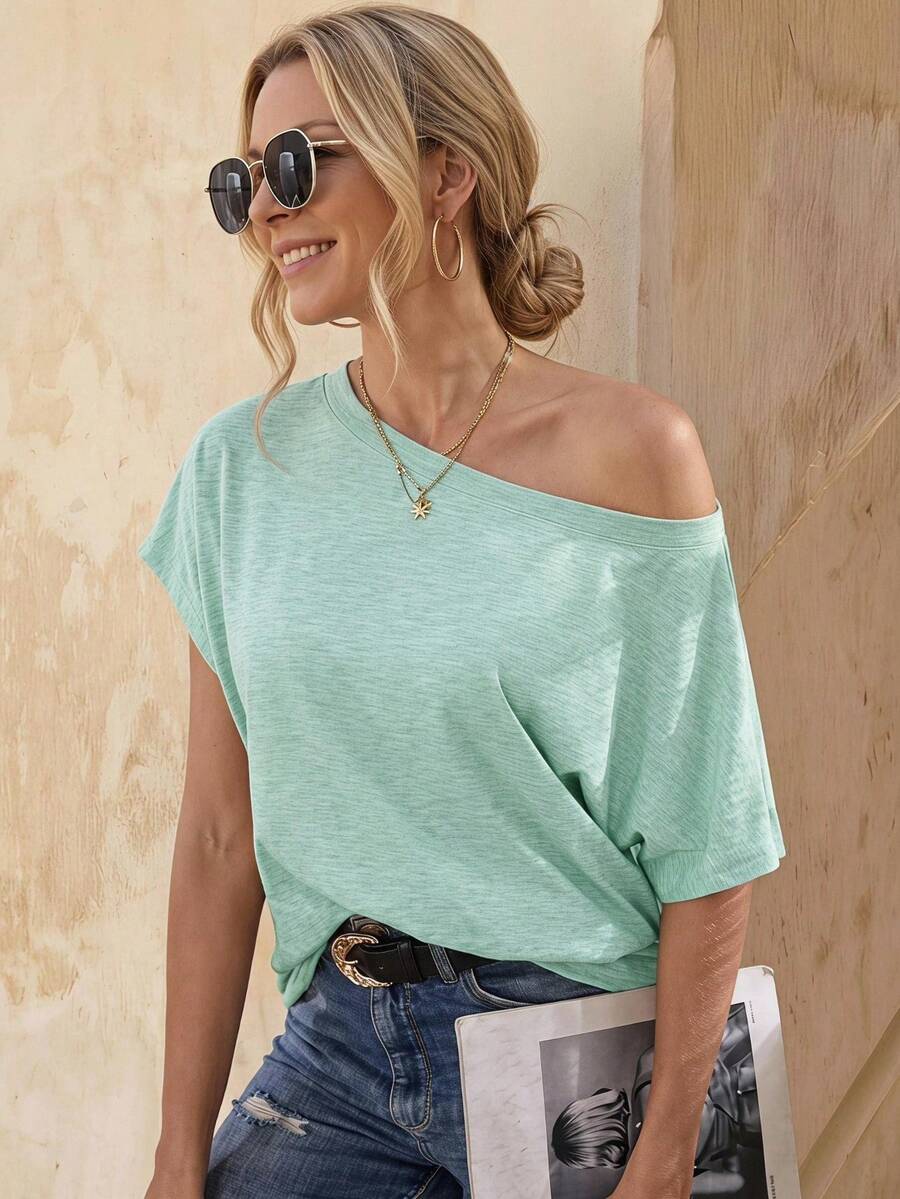 EMERY ROSE Women's Summer Solid Color Round Neck Batwing Sleeve Casual T-Shirt - Blue - View 1