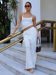 juhmazzocco Women Elastic Waist Burnt-Out Floral Embroidery Straight Leisure Pants Summer White - White - View 3