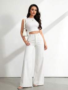 SHEIN Tall Women's Casual Versatile Solid Color Wide Leg Jeans - White - View 6